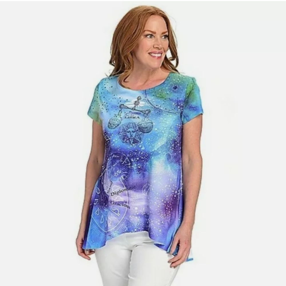One World Libra Zodiac Printed Short Sleeve Scoop Neck Bustle Back Top Sz S